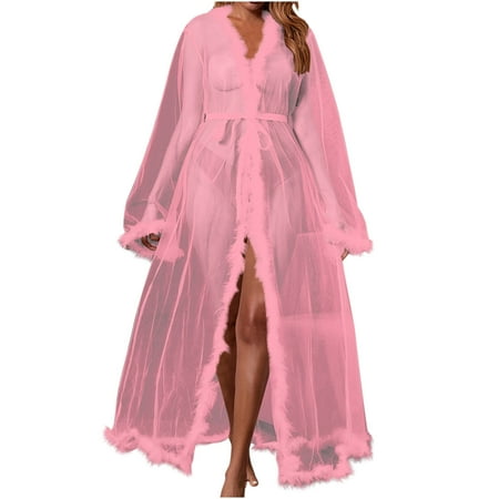 TMOYZQ Women s Plus Size Sheer Mesh Kimono Robe Furry Trim Babydoll Lingerie Chemise See Through Belted Bathrobe Nightgown Bridal Bridesmaid Wedding Party Gown Beach Bikini Cover Up