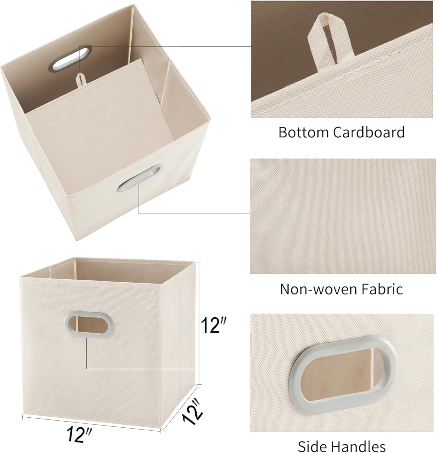 6 Pack Foldable Fabric Storage Bins with Handles - Ideal for Closet Organization, Bedroom and Nursery（ Beige, 12"x12"x12"）