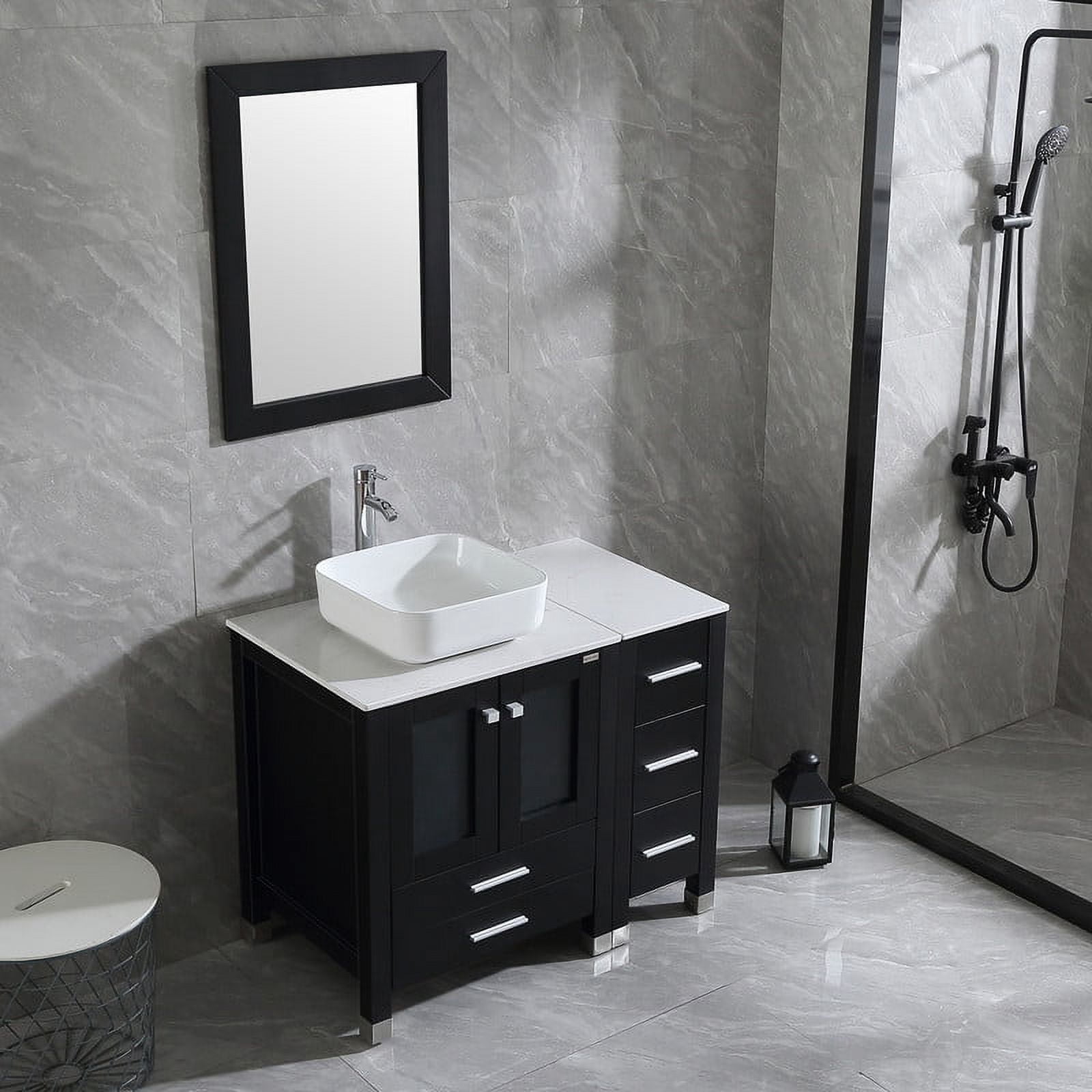 Walsport 36” Black Bathroom Vanity and Sink Combo Wood Cabinet Top Square Ceramic Vessel Sink Faucet Drain Combo with Mirror Vanities Set,Black
