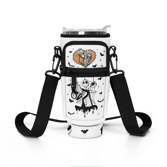 40 Oz Halloween Nightmare Before Insulated Crossbody Water Bottle Case Cover Pouch with Strap and Pockets,Christmas Jack Skeleton Water Bottle Bag Gifts for Women Girls Men Adults