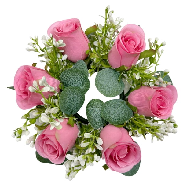 Anillo de vela de pilar, corona Artificial, corona verde, corona decorativa bohemia para centros de mesa, decoración para sala de estar y hogar Rosa oscuro