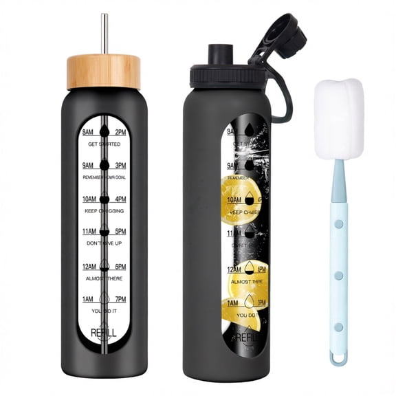 JUXIAO 32 oz Glass Water Bottle with Time Marker Reminder and Plastic Sleeve with Extra Lid, Cup Brushes - Reusable, Wide Mouth, 1 Liter Glass Drinking Bottle, Motivational Hydration, Black