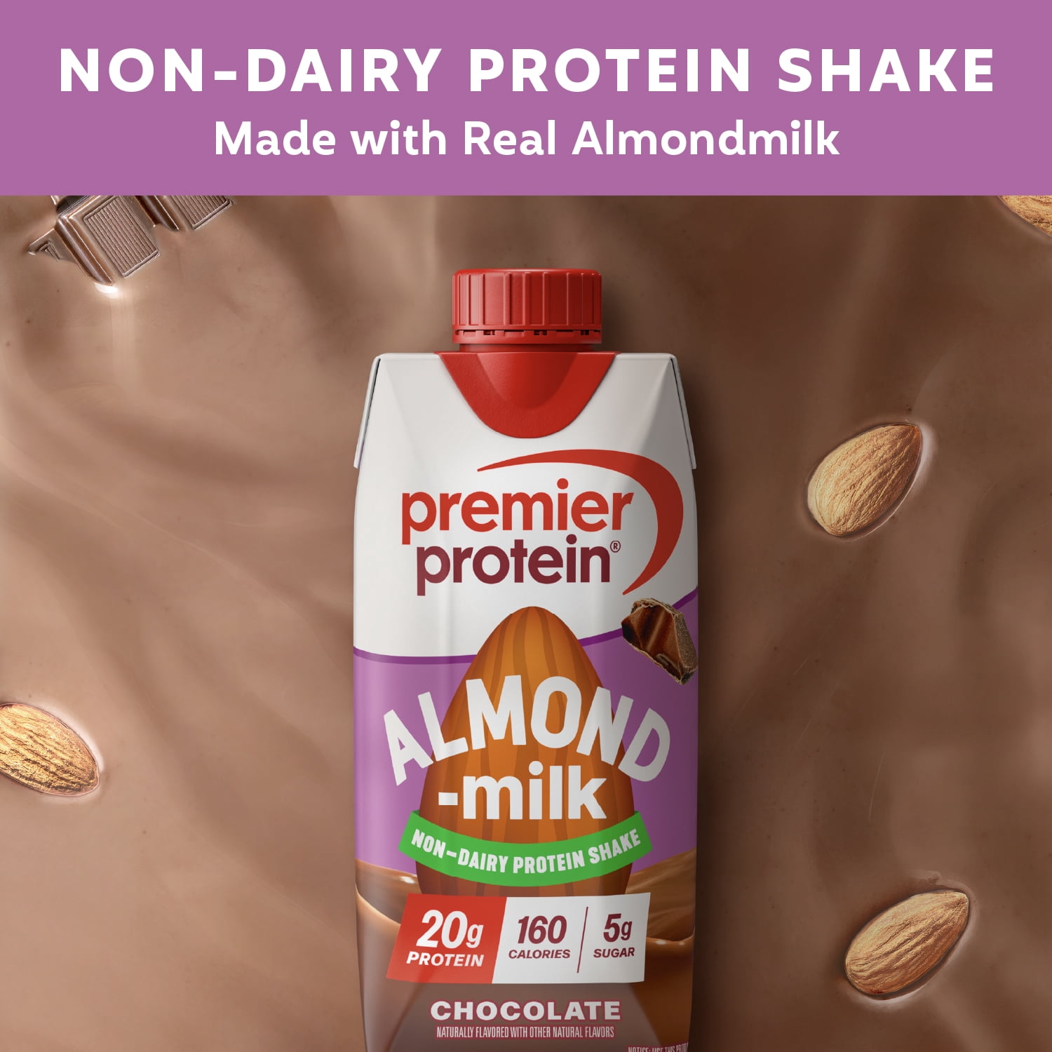 Premier Protein Almondmilk Non-Dairy Protein Shake, 20g Protein, 5g Sugar, 11 Fl oz, Chocolate, 4 Count