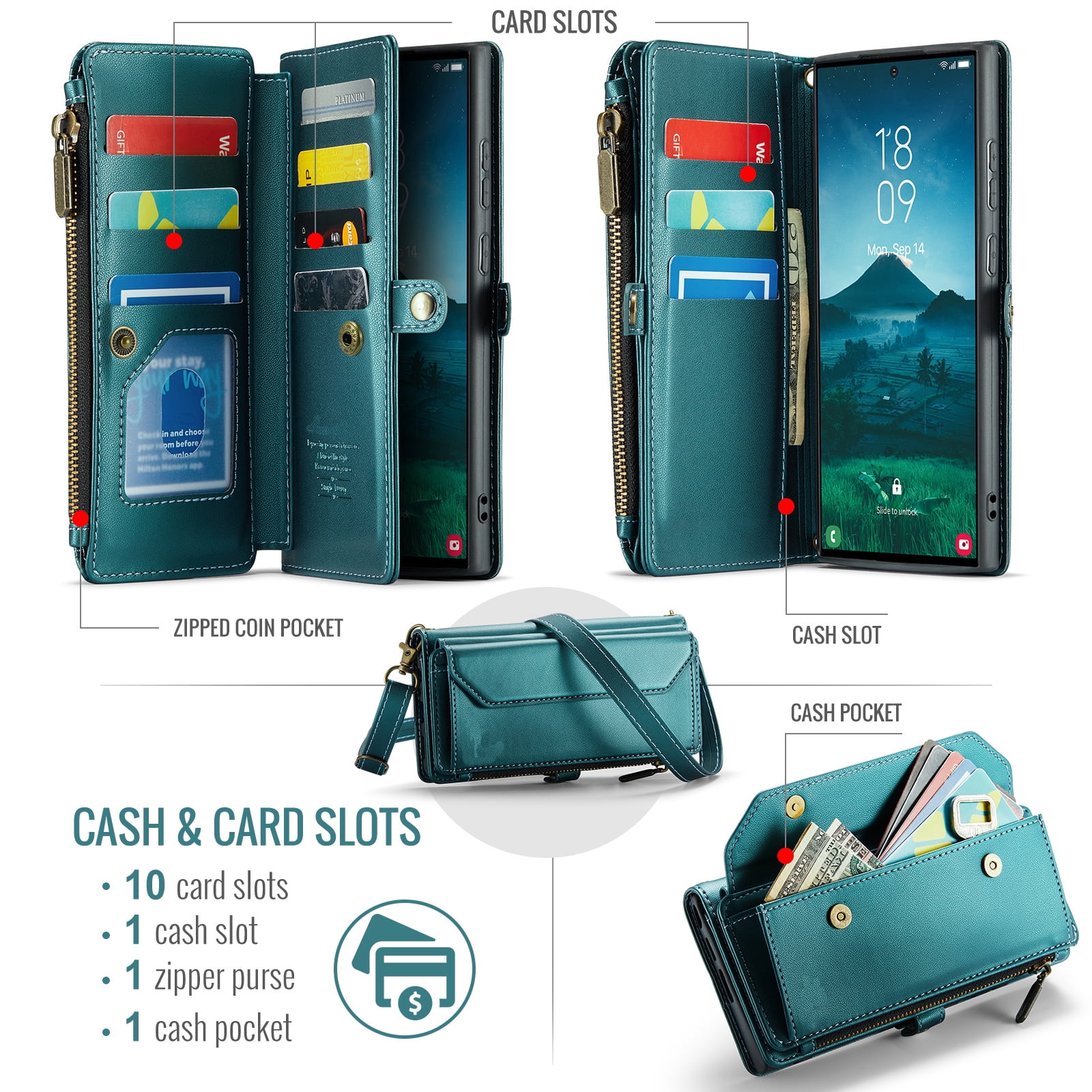 Asuwish Compatible with Samsung Galaxy S25 Ultra 5G Zipper Wallet Phone Case Tempered Glass Screen Protector Crossbody Lanyard Strap Flip Card Holder Slot Cell Cover for S25Ultra 25S S 25 Women Green