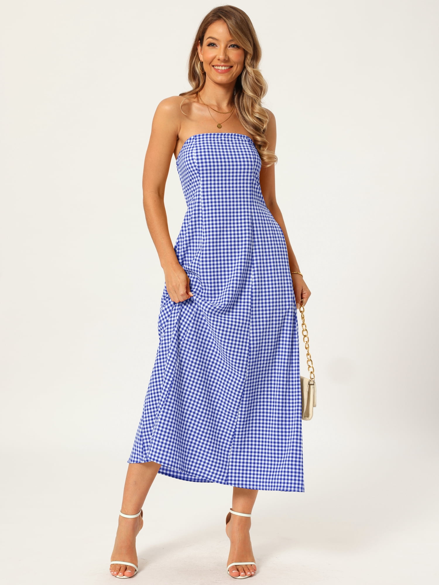 DARING DIVA Women's Gingham Strapless Maxi Summer Casual Sundress XL Blue
