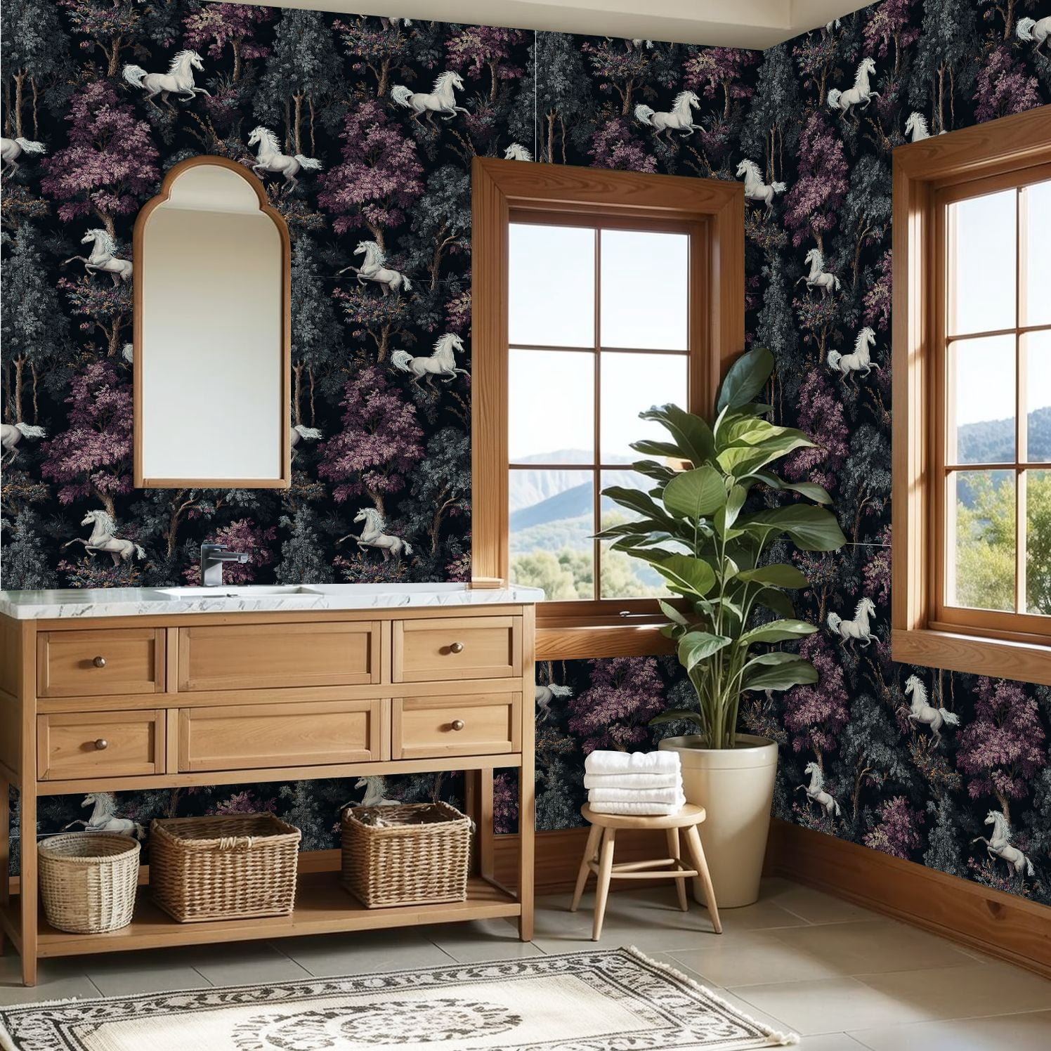 Peel and Stick Wallpaper Whimsical Forest Running Purple Trees Detailed Illustrative Style Wall Mural 23.6in x 9.8ft Self Adhesive Removable Wall Paper Renter Friendly for Nursery Bedroom Cabinets