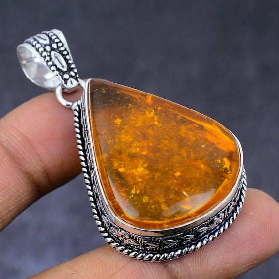 Natural Baltic Amber Gemstone 925 Steling Silver Jewelry Pendant 2.13"