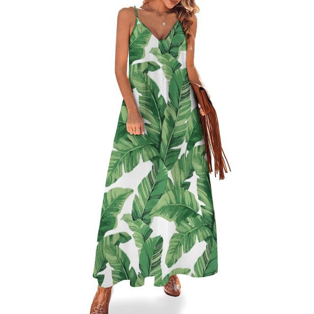 Vestido sin mangas con hojas de plátano tropical, ropa de mujer, verano , vestido de fiesta, noche, elegante, de lujo, celebridad