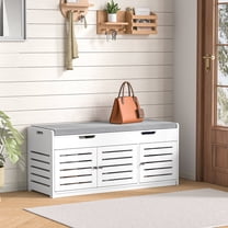 41.3" Shoe Storage Bench with Lift Top Storage, 2-Tier Entryway Storage Bench with Cushioned Seat, End of Bed Bench, Shoe Cabinet with 3 Doors for Hallway Bedroom Living Room, White, GS009