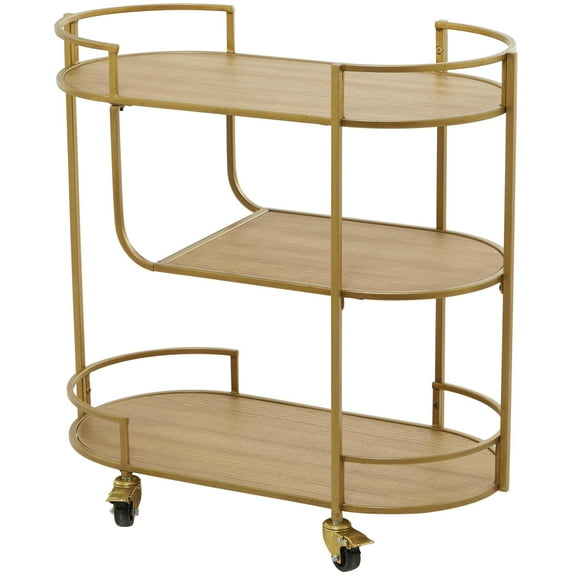 DecMode 30" x 30" Gold Wood Rolling 3 Shelf Bar Cart with Handles, 1-Piece