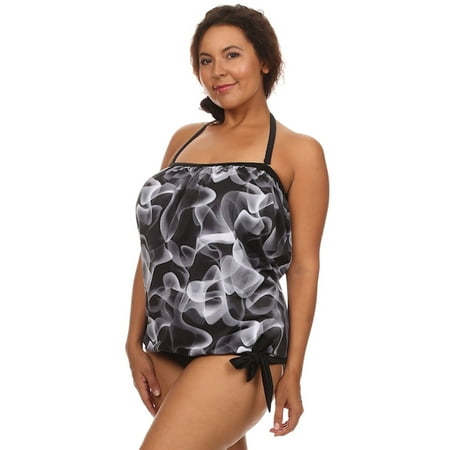 Plus Size Black Lava Bandeau Blouson Tie Tankini (Includes Bottom) Made in USA