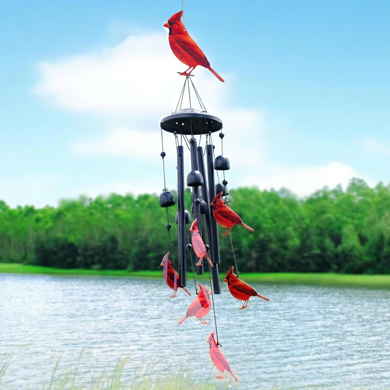 Cardinal Wind Chime for Outside 35.4", Black Metal Outdoor Windchime, Yard Decor Memorial Sympathy Gifts