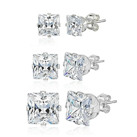 Pori Jewelers Pack 3 Pairs Sterling Silver Princess-Cut CZ Stud Earrings