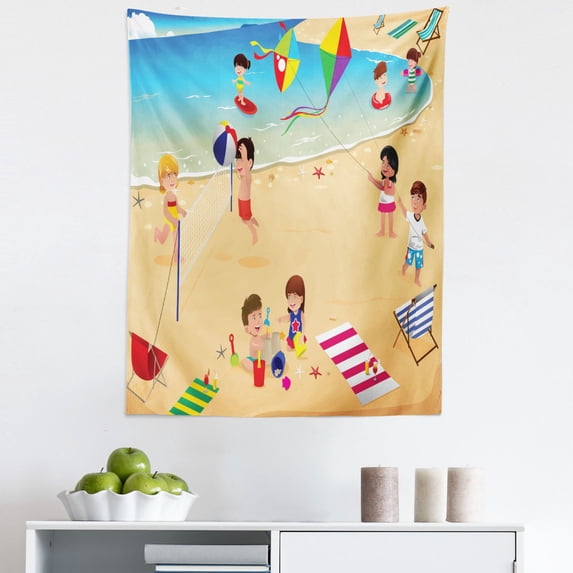 Sports Tapestry, Beach Volleyball Little Playing by the Sea Summer Holiday, Fabric Wall Hanging Decor for Bedroom Living Room Dorm, 5 Sizes, Multicolor, by Ambesonne