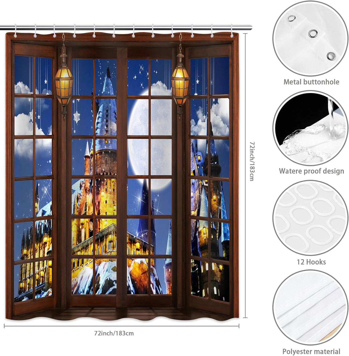 Magic Castle Shower Curtain, Wizard School Window Night Sky Moon Shower Curtain Set Fairytale Castle Bathroom Decor Waterproof Fabric Bath Curtain with 12 Hooks, 72x72 inches