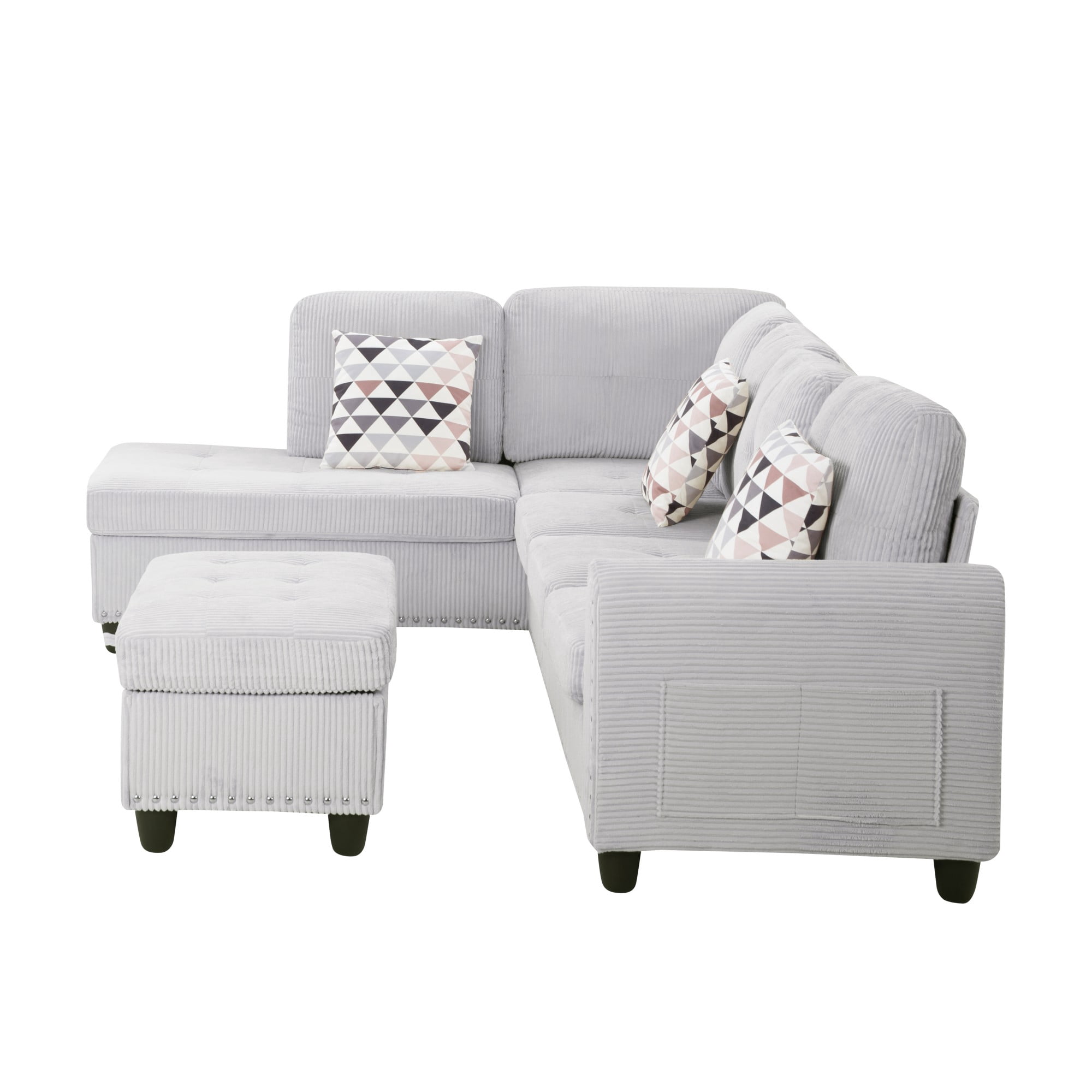 Gewnee 94.49” L-Shaped Modular Sectional Sofa with Nail Head-Design, with Storage Ottoman& 3 Headrests & 2 Built-in Cup Holders, Suitable for Living Rooms, Offices and Reception Rooms.Light Grey