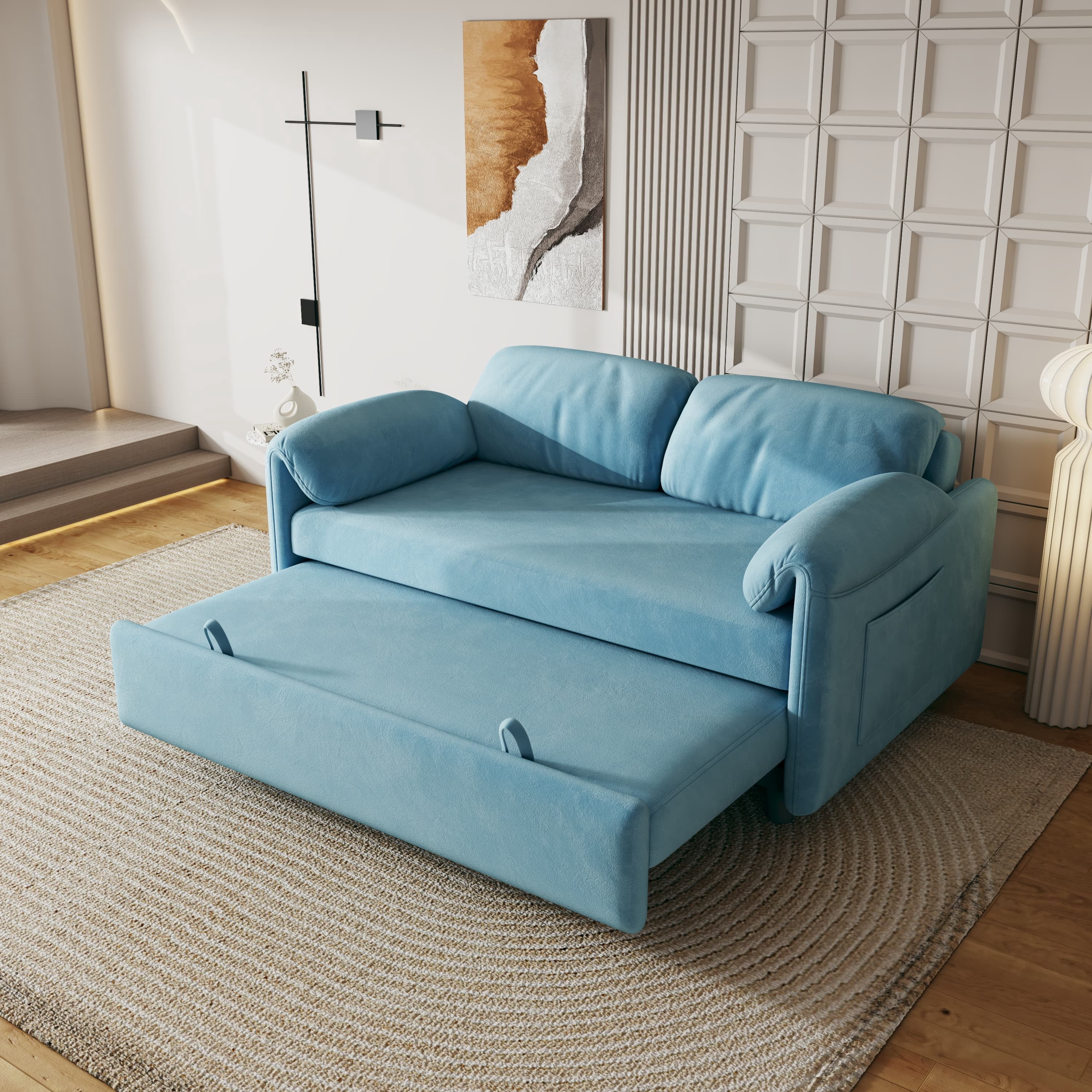 MAYEERTY 54" Velvet Convertible Sofa Bed, Pull Out Couch Beds Loveseat for Apartment, Living Room, Small Space, Blue