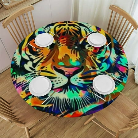 

BCIIG Tiger Colorful Background Round Table Cover Stain Resistant Washable Indoor Outdoor Tablecloth Kitchen Dining Wedding Parties Picnic Farmhouse 46 -50