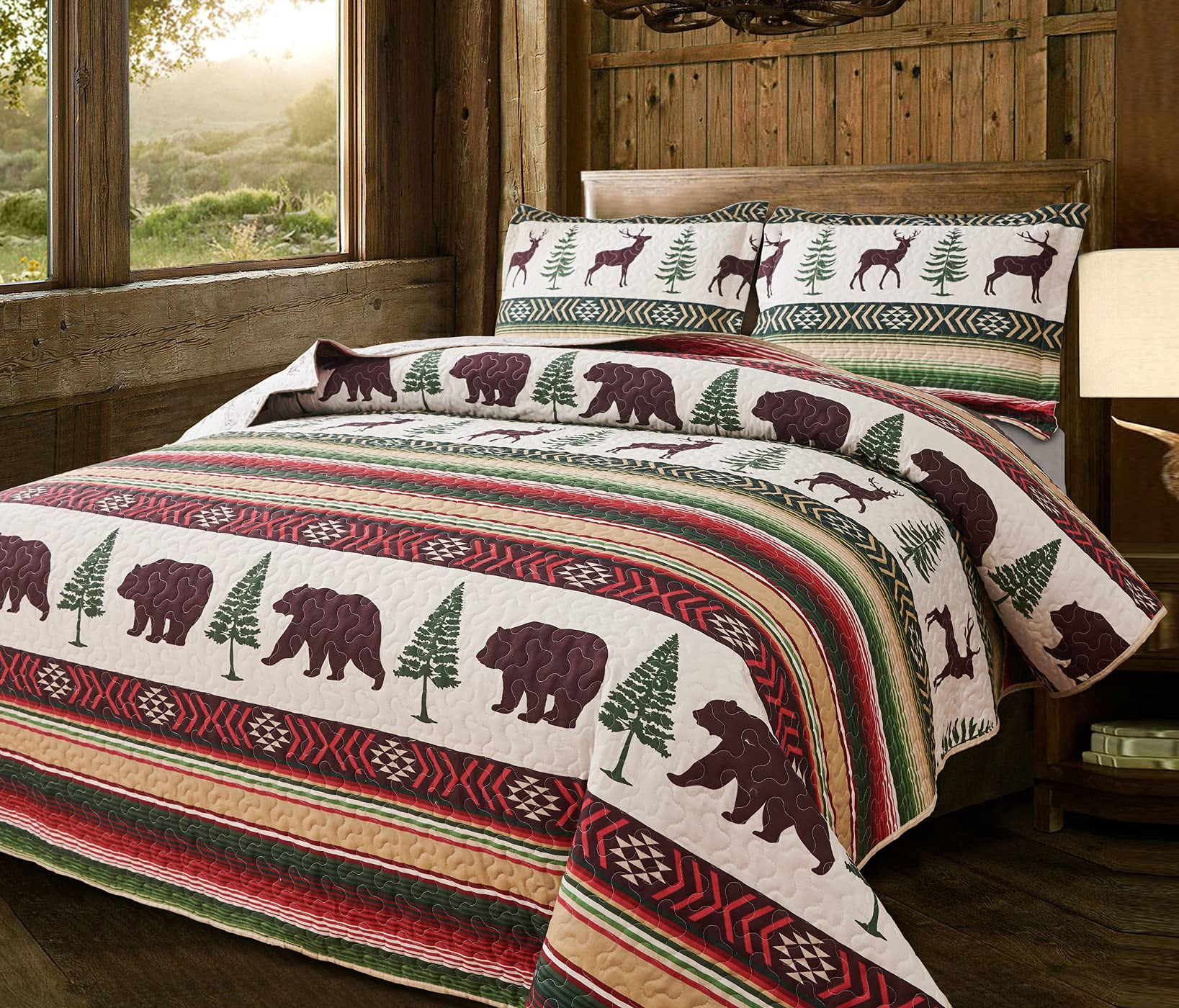 Beartech Quilt Set Queen Size Moose Bear Red Green Stripe Quilt Lightweight Reversible Microfiber Bedspread Coverlet Bedding Set