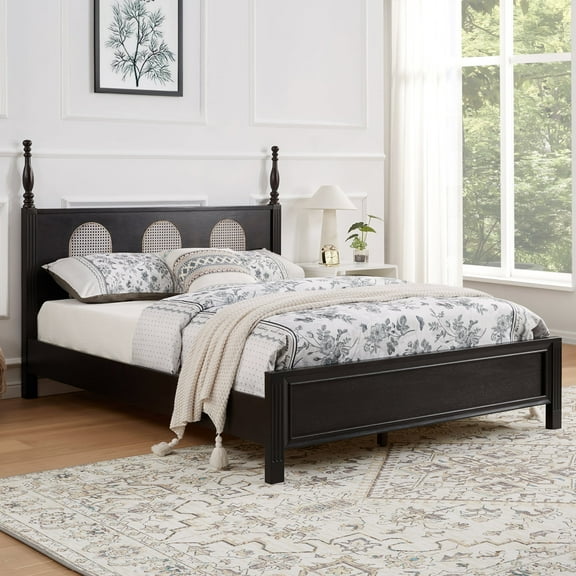 FunniHomi Queen Bed Frame with Rattan Headboard, No Box Spring Needed, Supports 1100 lbs