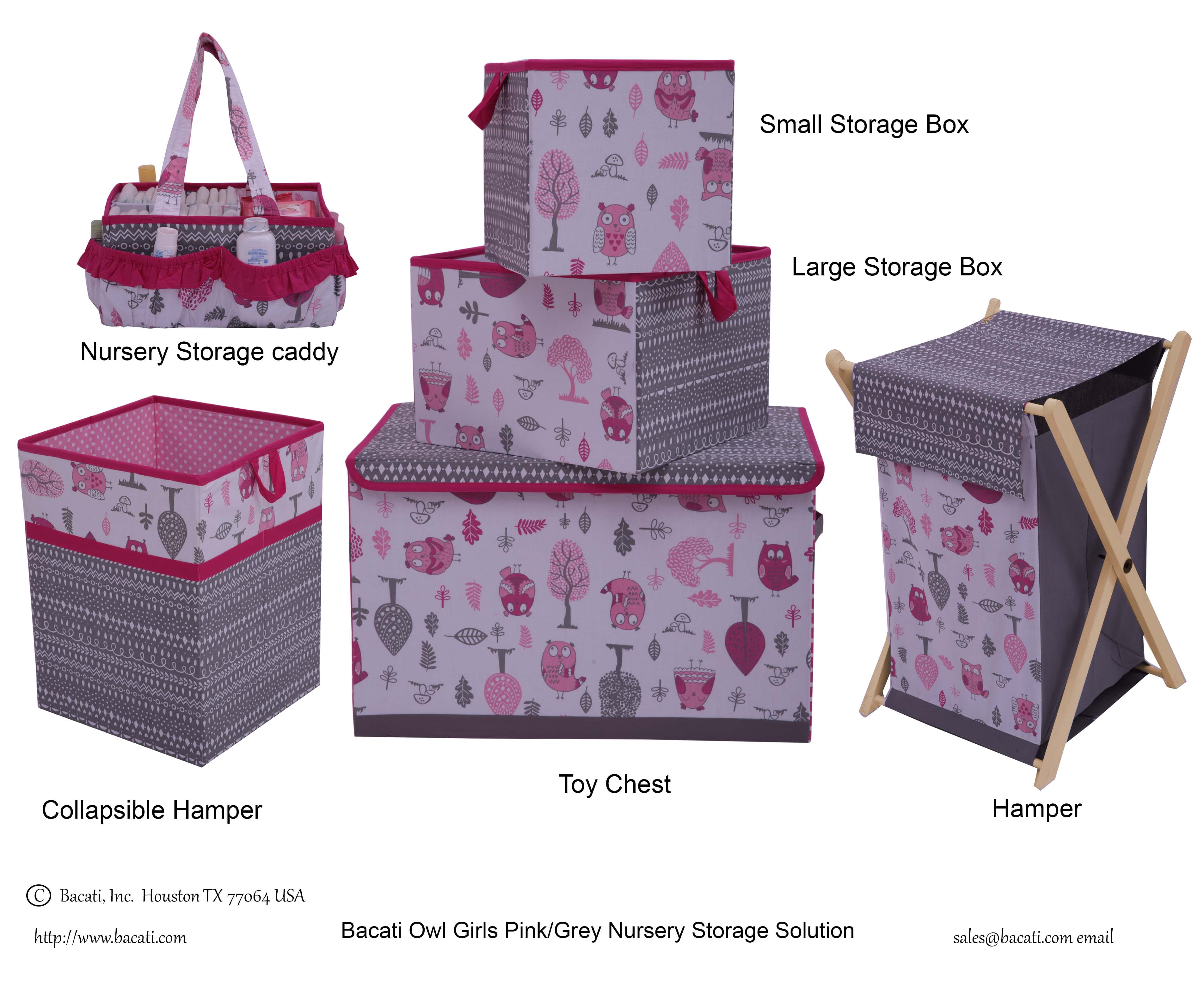 Bacati - Large Storage Tote Owls in the Woods Pink/Grey