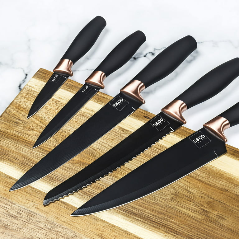 Hecef 25 Pcs Rose Gold Kitchen Knife Block Set with Acrylic Stand Titanium Plated Stainless Steel Chef Knife