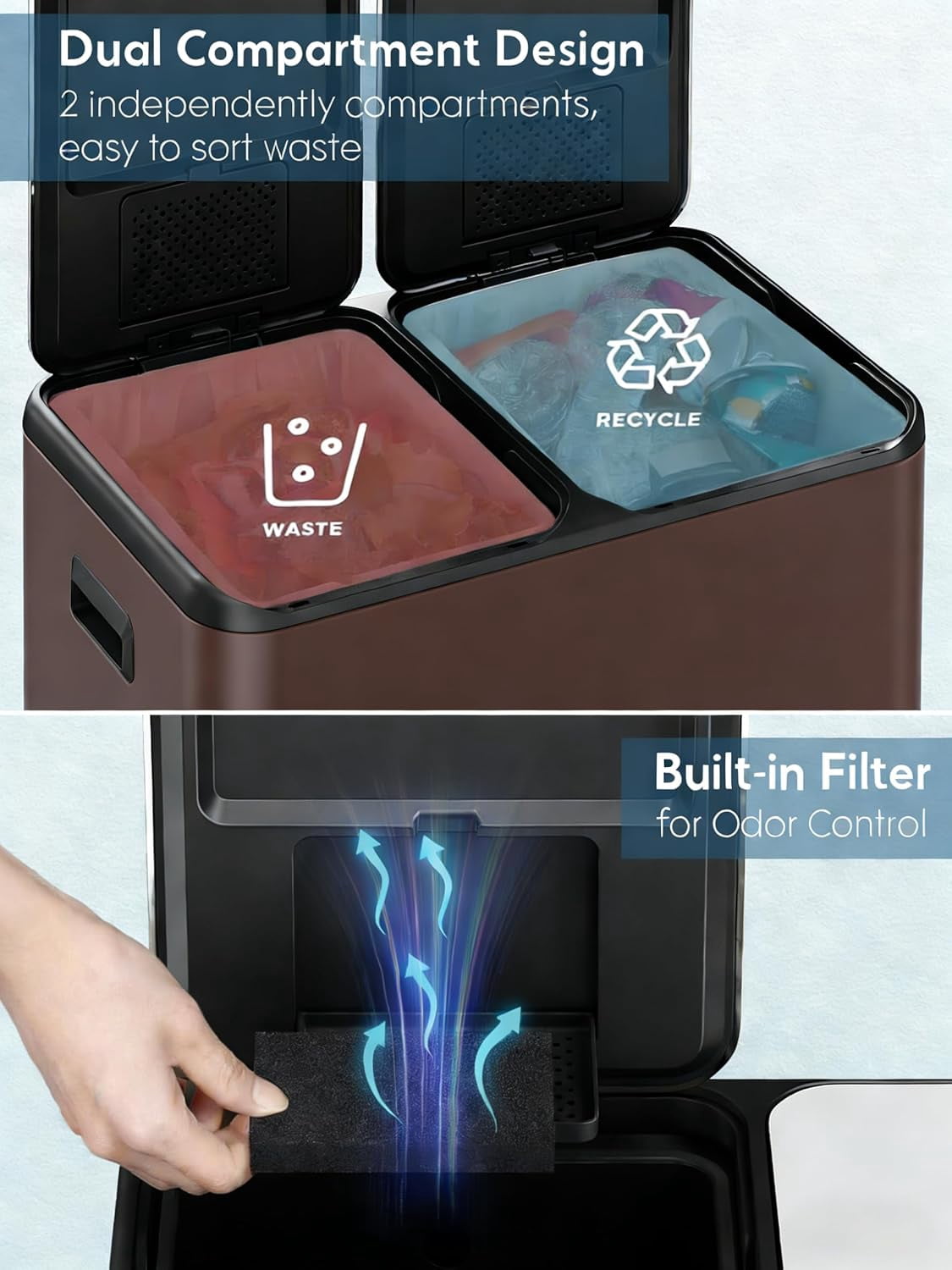 Arlopu 16 Gal Dual Kitchen Trash Can w/2 Built-in Box for Odor Contro Recycle Waste Dustbin Soft-Close Lid