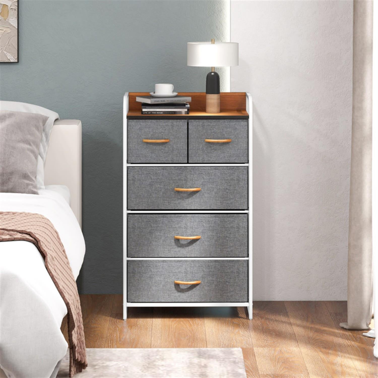 Demi Bonn Modern 5-Drawer Dresser with Wooden Handles and Top Storage, 4-Tier Organizer Tower Steel Frame for Bedroom, Hallway, Entryway, Gray