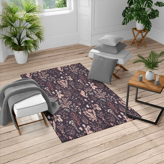 Floral Turkish Area Rug, Vintage Garden Plants Herbs Flowers Botanical Classic Design Illustration, Soft Carpet for Living Room Decor with Distressed Look, 4' X 5.7', Eggplant Rose, by Ambesonne