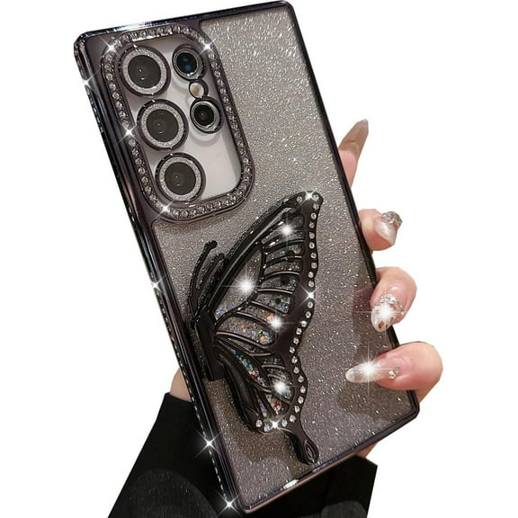 for Samsung Galaxy S25 Ultra Case with Camera Protector Cute 3D Butterfly Case Slim Plating Sparkle Diamond Glitter Bling Luxury Flowing Liquid Women Cover for Galaxy S25 Ultra (Black)