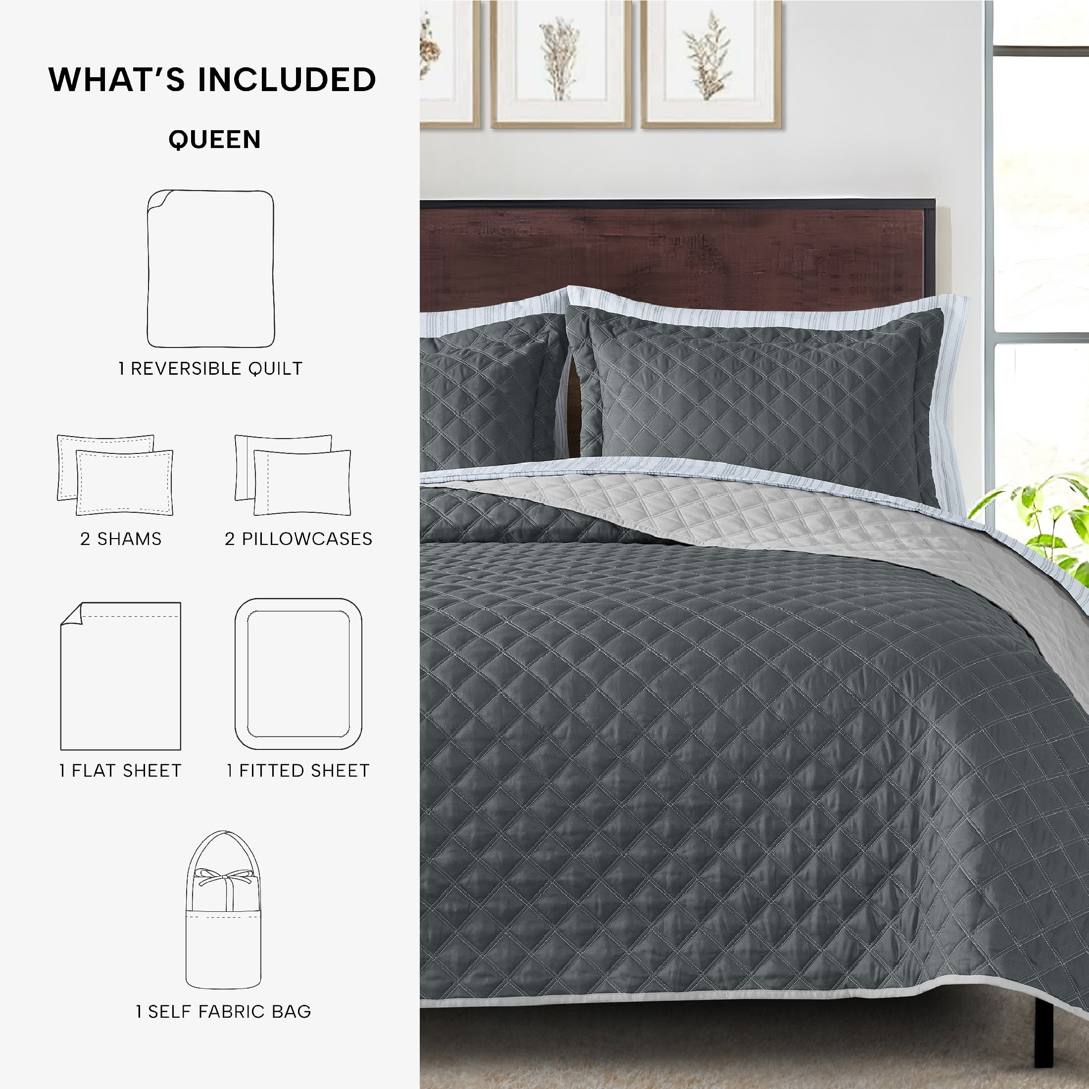 Mainstays All-in-One Lightweight Quilt and Sheet Set, 7 Piece, Queen, Gray