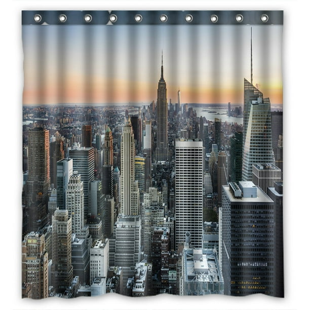 PHFZK City Shower Curtain, New York Skyline at Sunset Polyester Fabric Bathroom Shower Curtain
