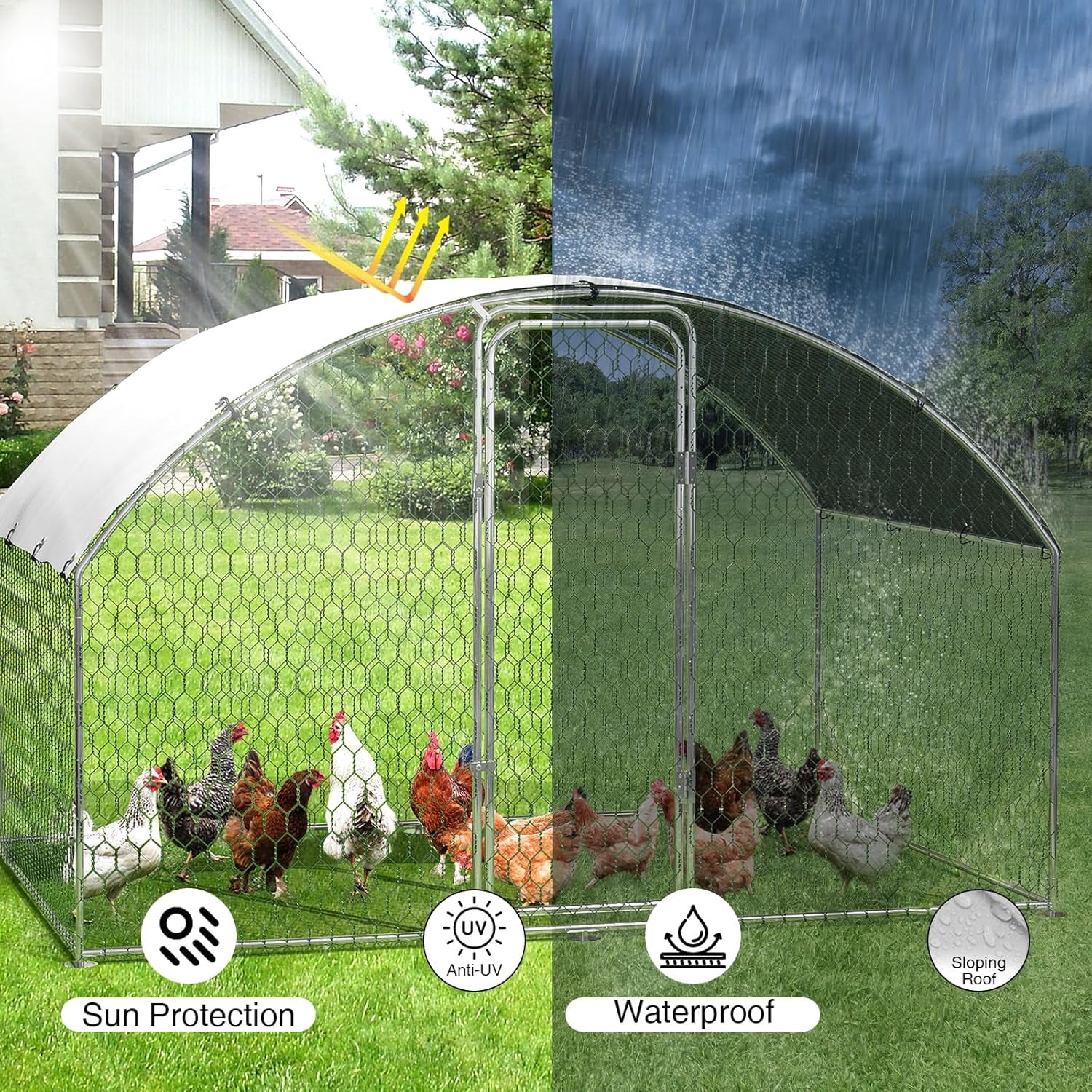 EastVita Large Metal Chicken Coop Walk in Poultry Cage Chicken Run Pen with Waterproof Oxford Roof and PVC Hex Mesh Fencing for Chickens Ducks Rabbits Quails Feeding Door Design-6FT