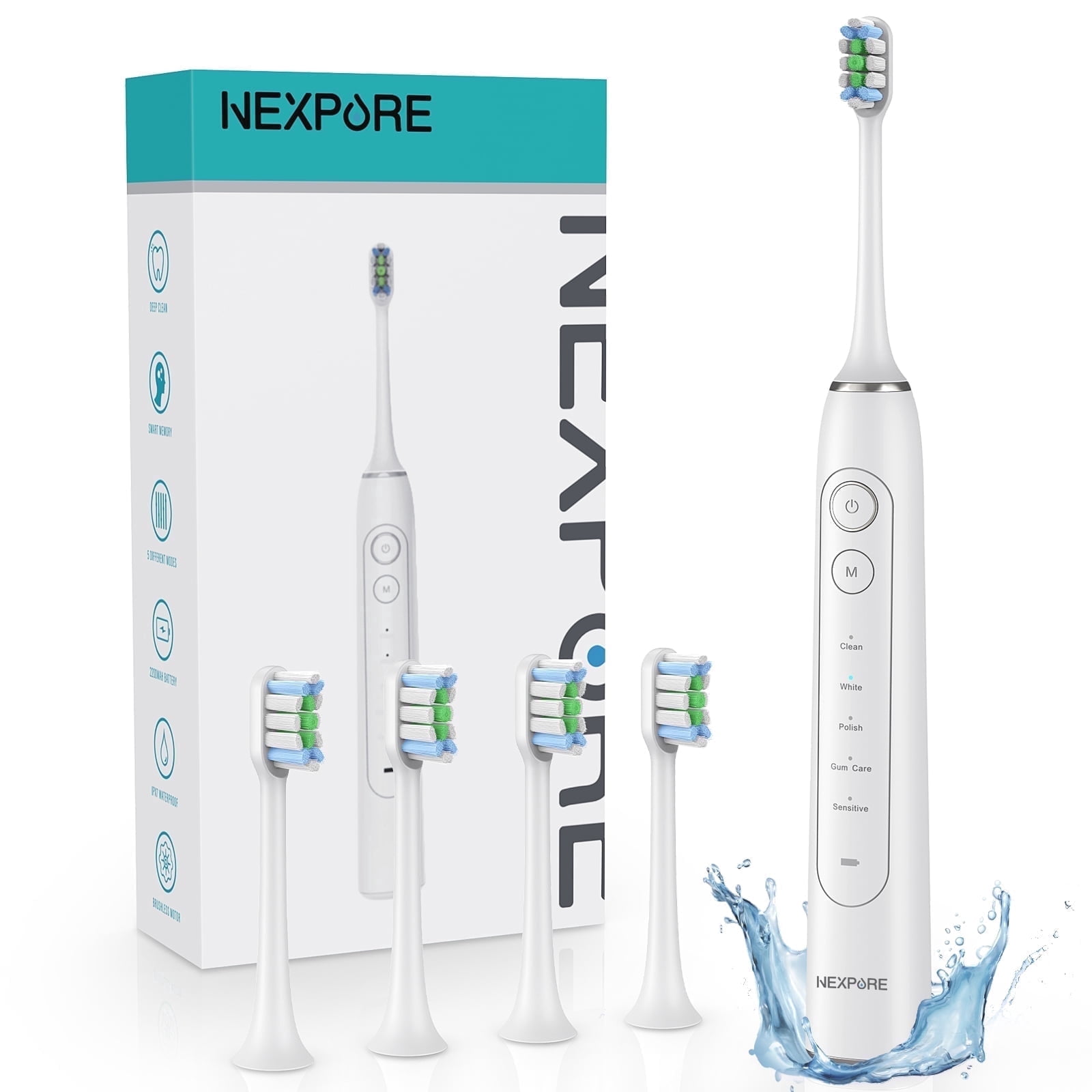 Nexpure Sonic Electric Toothbrush for Adults, Deep Clean & Gum Care, 60 Day Battery, 4 Brush Heads, 5 Cleaning Modes, Smart Timer