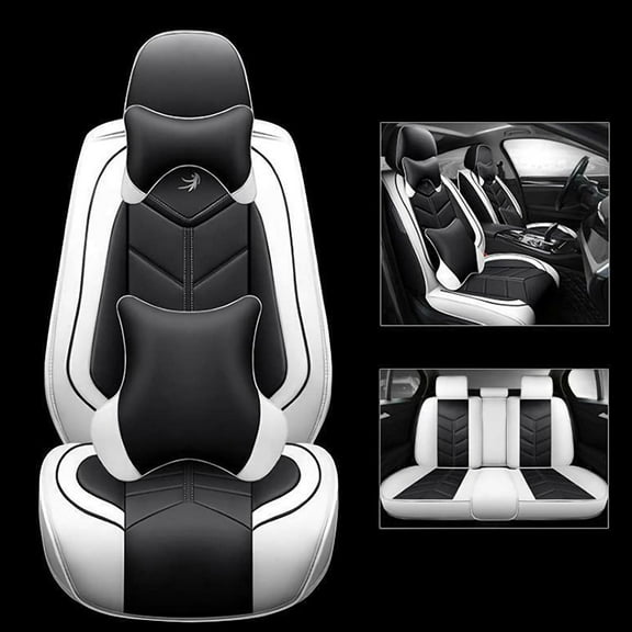 NINTE Universal PU Leather Car Seat Cushions Luxury Protectors Front Rear Auto Seat Covers Black & White 7PCS