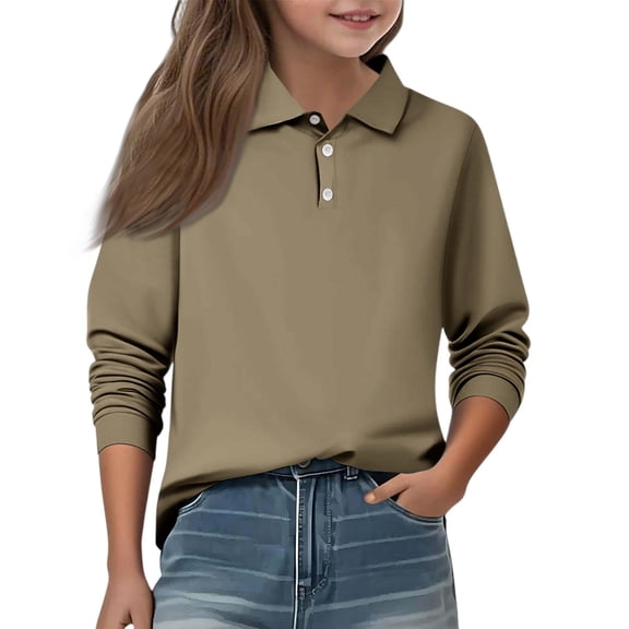Girls Polo Shirt Collared Long Sleeve School Uniform Shirts Cute Girls Tops,Camel,13-14 Years