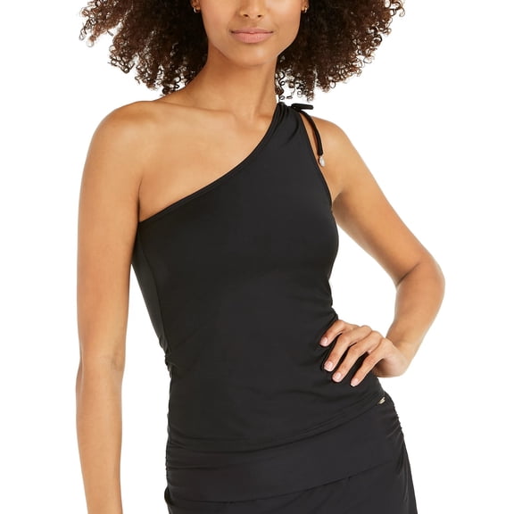 DKNY BLACK One-Shoulder Tankini Swim Top, US Large