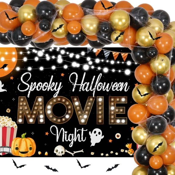 83Pcs Spooky Halloween Movie Night Party Decorations Scary Movie Backdrop Popcorn Balloon Garland Arch Kit 3D Bat Wall Stickers Simulation Spiders and Spider Web for Halloween Party Decor Supplies