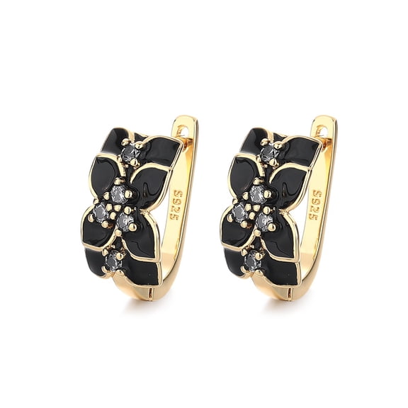 14K Gold Plated and Black Floral Huggie Earring with Simulated Diamond