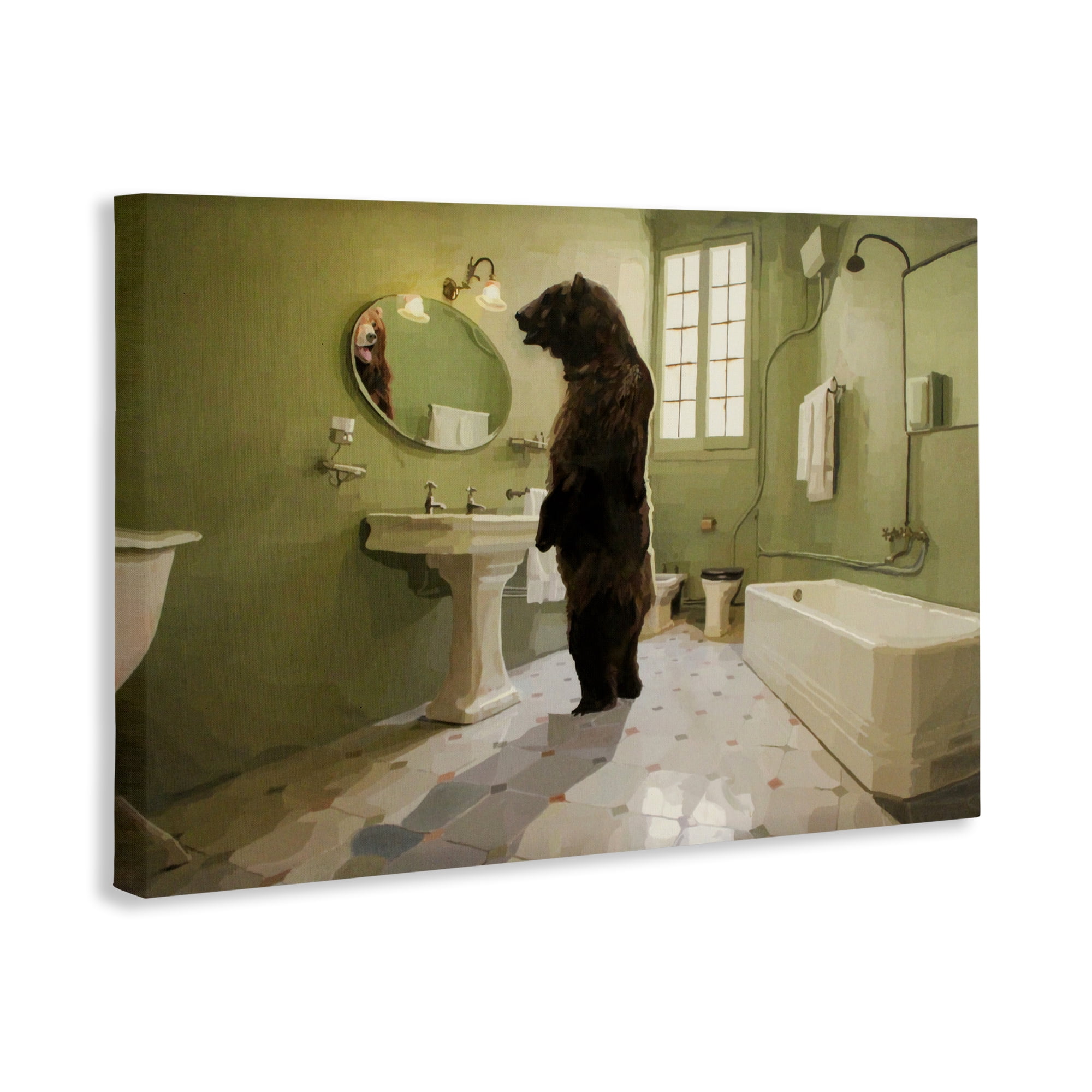 The Houseguest Bear in Bathroom Canvas Wall Art, design by Keith Thomson