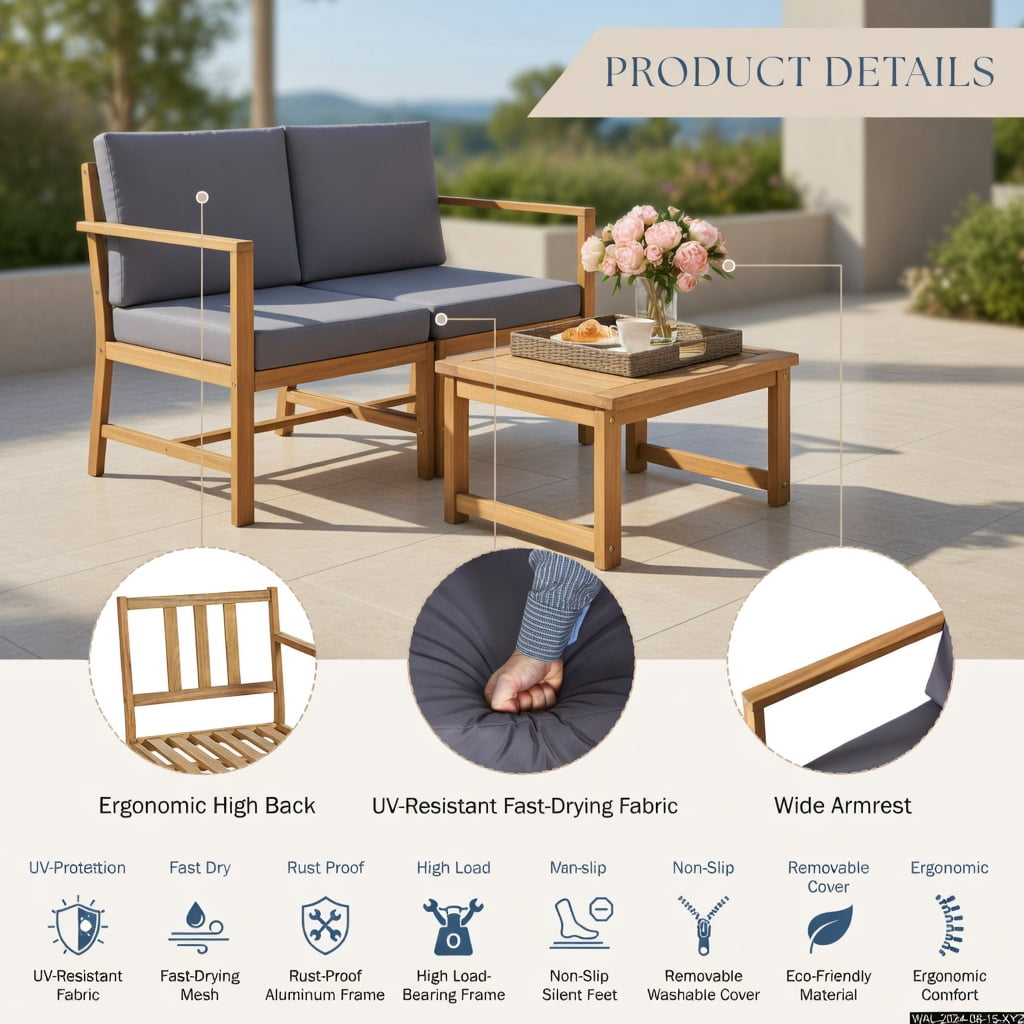 Hommoo 3-Piece Acacia Wood Outdoor Loveseat Set with Detachable Coffee Table & Removable Cushions, Teak Patio Furniture for Backyard, Balcony & Poolside, Natural