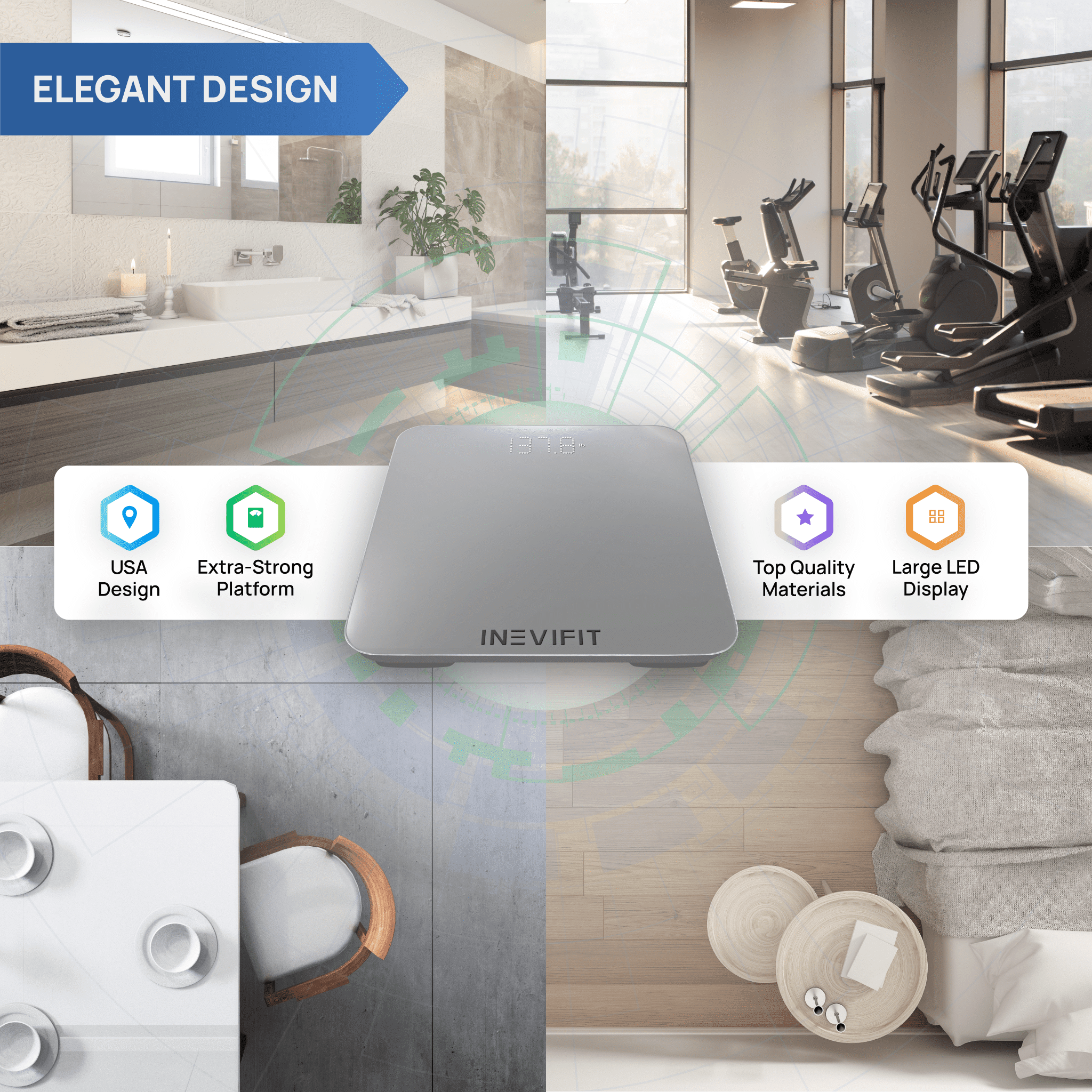 INEVIFIT Smart Premium Bathroom Scale with Bluetooth and Free Tracking INEVIFIT APP 11.8 x 11.8 inch - Silver