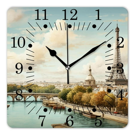 10 Inch Wall Clock Battery Operated Square Clock for Office, Kitchen, Outdoor, Living Room,Eiffel Tower In Paris France Vintage Old Retro Style Design