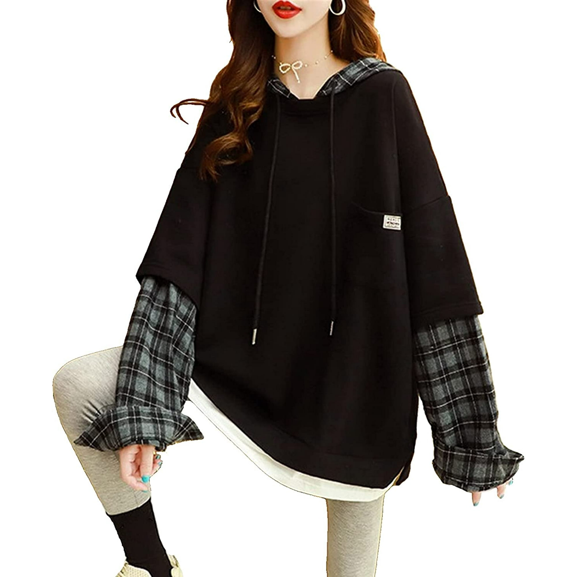 SURJDE Cute Hoodies Sweatshirt Womens Clothes Large Size Women s Loose Korean Version Fake Two Piece Sweater Women s Top Color Black Size