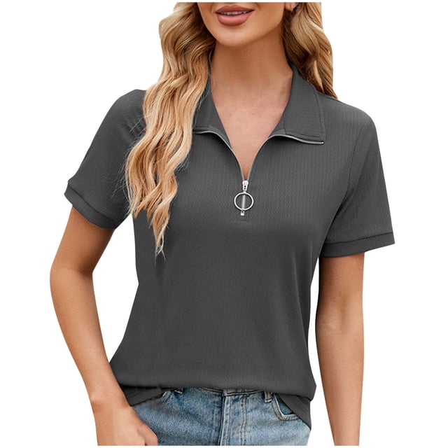 Timegard Hauts d'Été pour Femmes Col à Revers en V Fermeture Éclair Manches Courtes Tunique Confortable Haut Blouse Chic Décontractée
