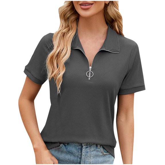 XFLWAM Summer Tops for Women Short Sleeve Zipper Polo Shirts Collared Down Casual Loose Fit Work Blouses