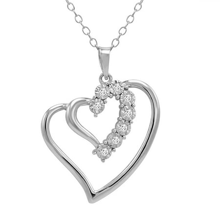 Sterling Silver Journey Diamond Double Heart Pendant on an 18 inch Chain ( 1/10cttw)