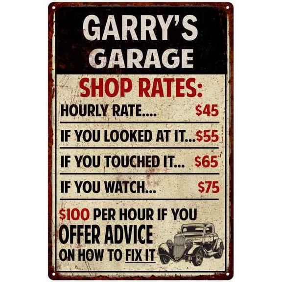 GARRY'S Garage Shop Rates Sign Man Cave Decor Gift 8x12 Metal 208120010370