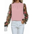 thumbnail image 4 of Women'S Floral Embroidery Mesh Mock Neck Flare Long Sleeve Blouse Top Pink XL, 4 of 9