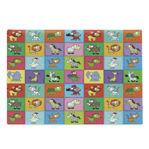Cartoon Cutting Board, Group of Funny Young Animals in Colorful Squares Happy Wildlife Pattern, Decorative Tempered Glass Cutting and Serving Board, Large Size, Multicolor, by Ambesonne